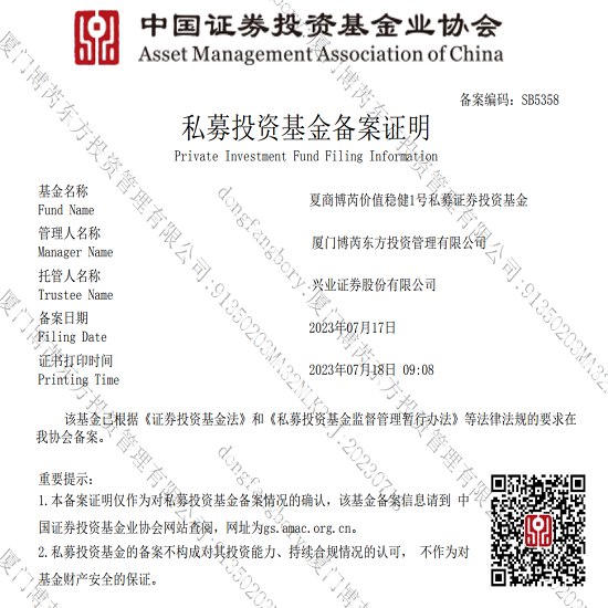 热烈祝贺博芮东方综合定增专项基金——夏商博芮价值稳健1号私募证券投资基金备案成功！